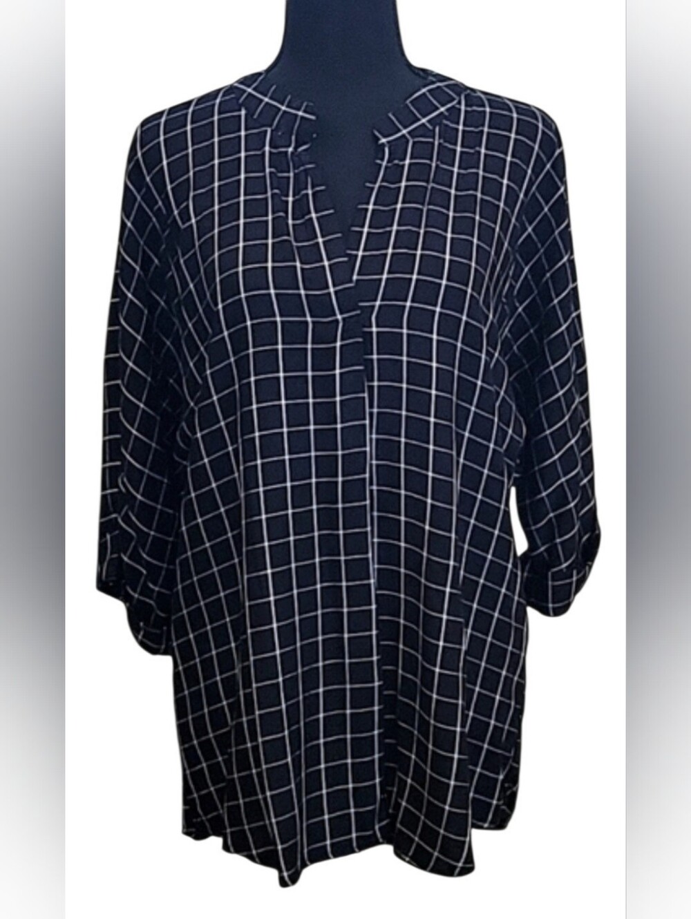 Takara Windowpane Grid Twist Back High Low Split V-Neck Tunic Blouse S EUC
